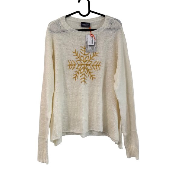 Wooden Ships Metallic Gold Snowflake Crew Lightweight Sweater Womens M/L NEW - Picture 1 of 7